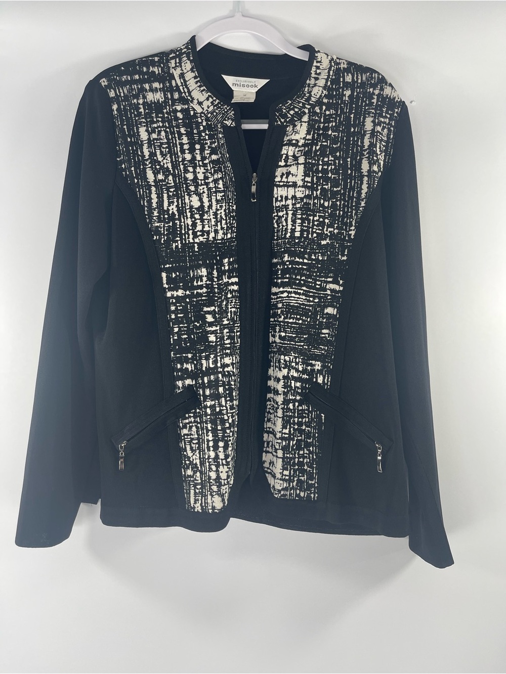Misook Women’s Black White Patterned Front Zip Workwear Career Size M Jacket